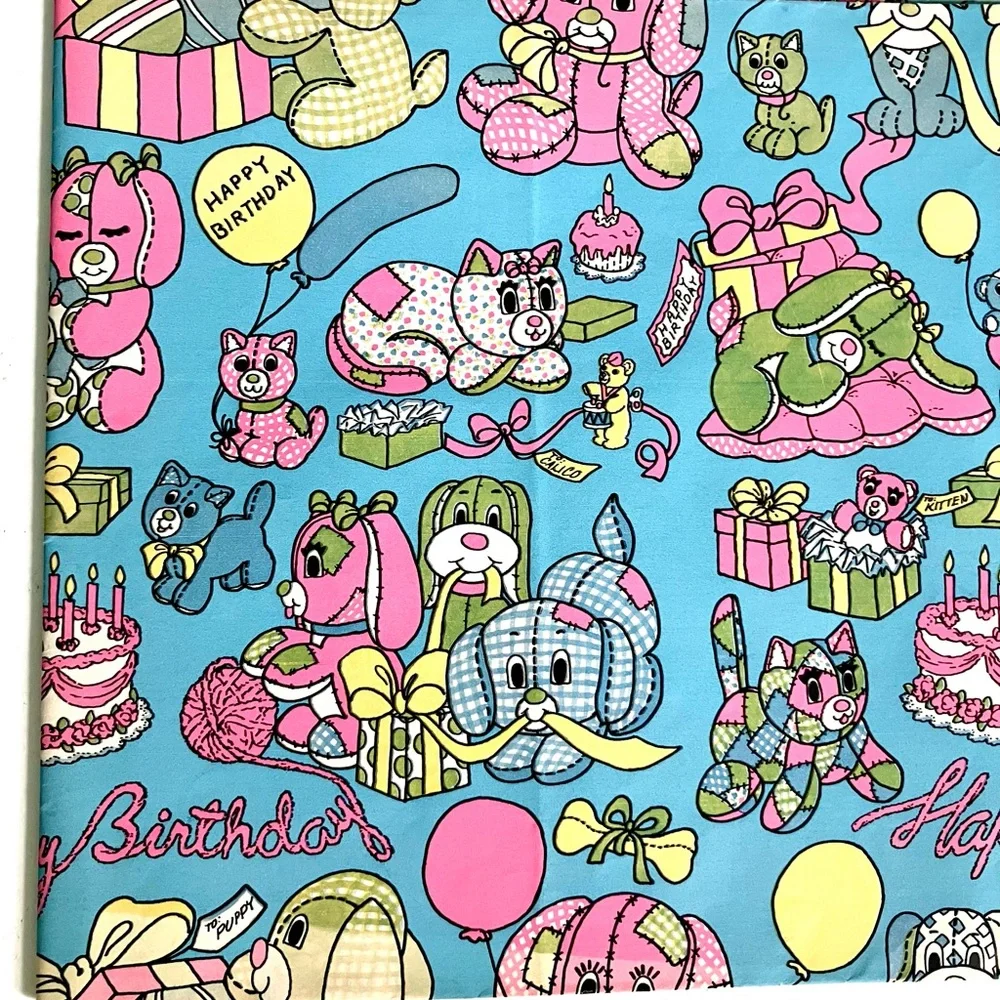Vintage 60’s cute animals Happy Birthday wrapping paper sheets & napkins set
